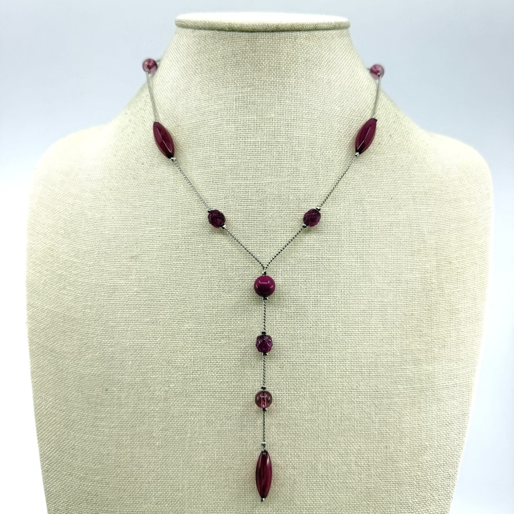 Purple Y-Necklace Silver Tone Chain Faceted Bead Dangle Statement Layering Gift